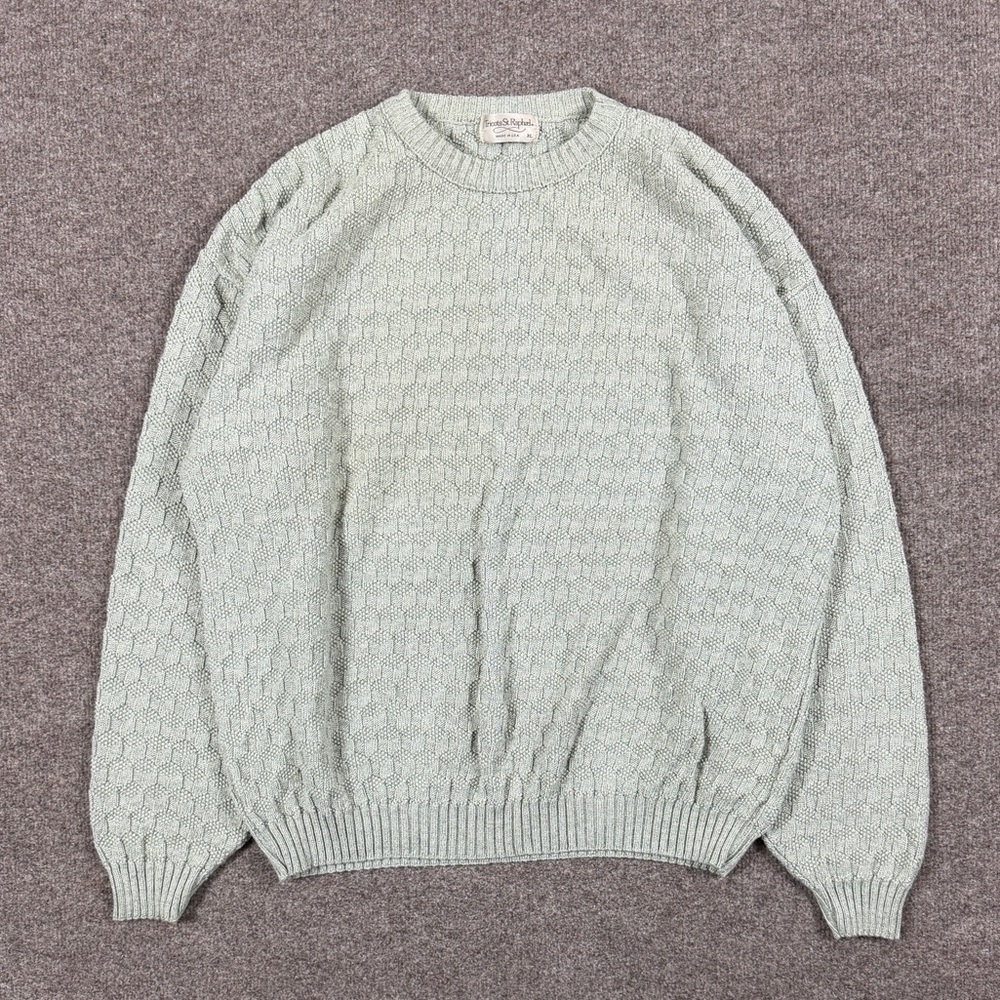 Vintage 90s Light Grey Geometric Stitch Knit Crewneck Pullover Sweater Men’s XL